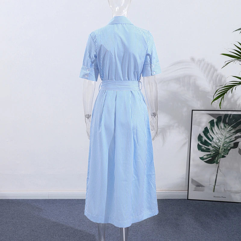 Casual Striped Women Summer Dress Lapel Single Breast Half Sleeve Slim Waist Long Dresses 2025 Autumn Lady Fashion Vacation Robe