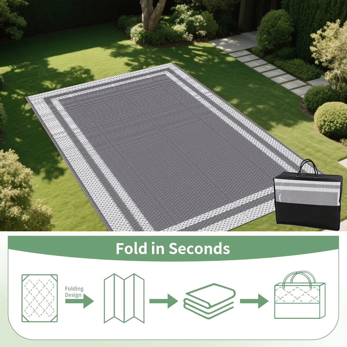 6' x 9' Outdoor Mat with Ground Pegs - Durable PP Material, Gray and White Grid Pattern, Perfect for Patio, Camping and Outdoor