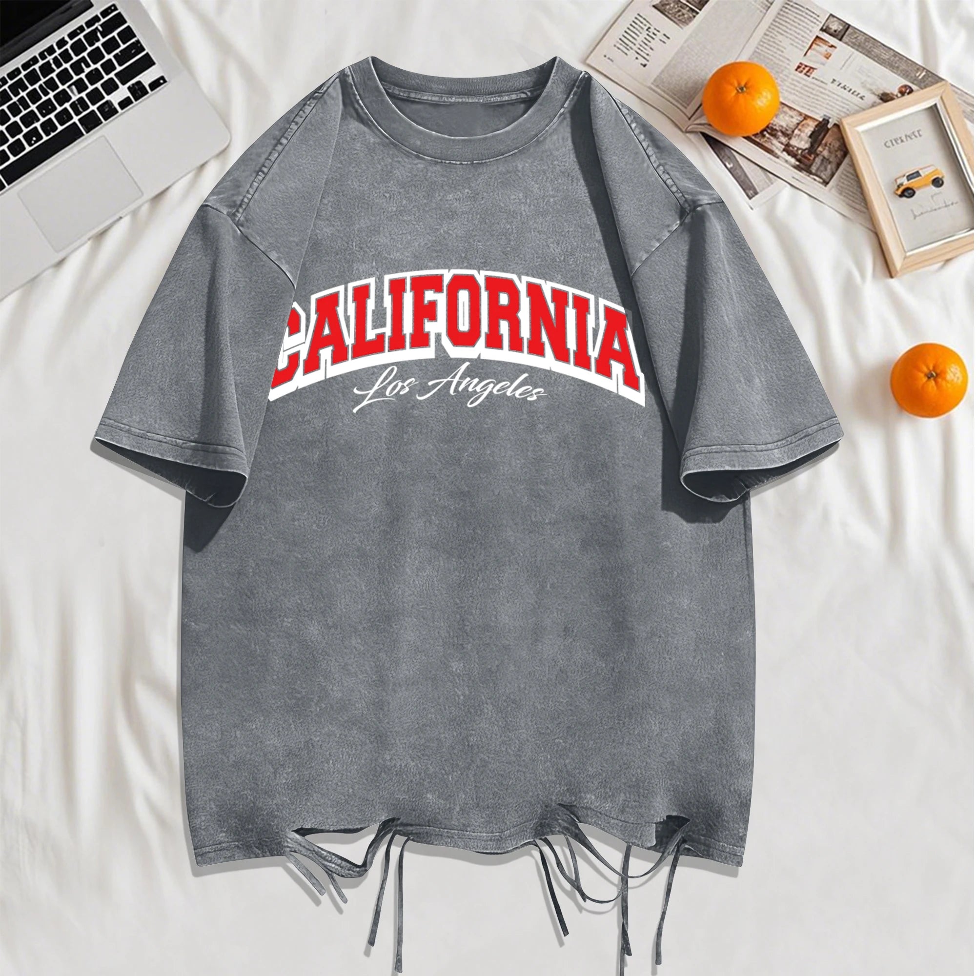 California Los Angeles City Art Letter Snow Wash Holes T-Shirt Mans Cotton Retro Tee All-Match Sportwear O-Neck Loose Clothing