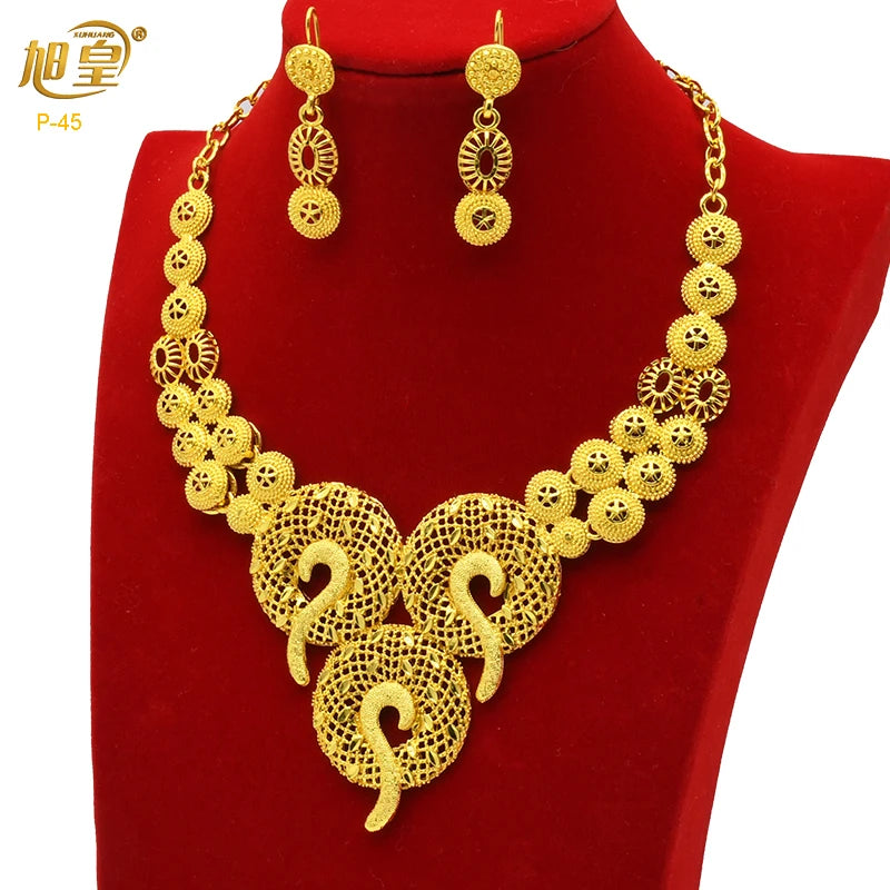 Arabic Dubai Jewelry Set for Women Earrings Ethiopian African Long Chain 24K Gold Color Necklace Wedding Bridal Party Gift