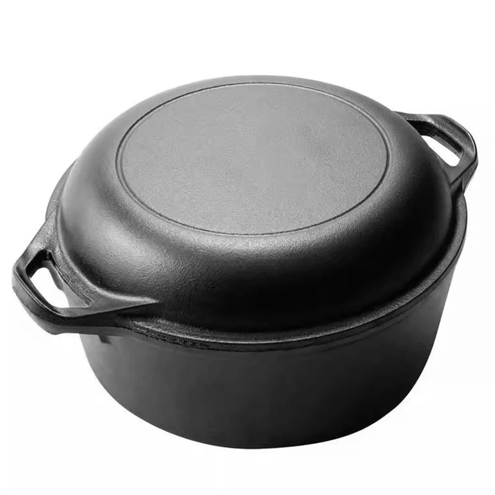 2 in 1 Cast Iron Dutch Oven with Skillet Lid Skillet Cookware Pan Set with Dual Handles for Bread Frying Baking