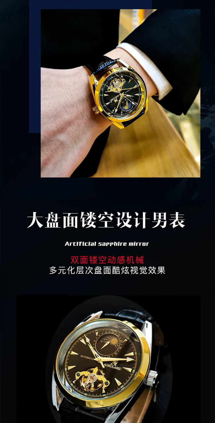 AOKULASIC Luxury Mens Automatic Mechanical Watch Moon Phase Stars Tourbillon Luminous Waterproof Fashion Wristwatch