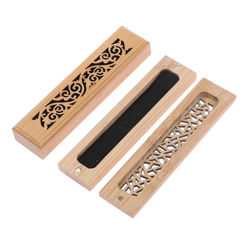 1Pc Bamboo Wood Incense Stick Holder Burning Joss Insence Box Burner Ash Catcher