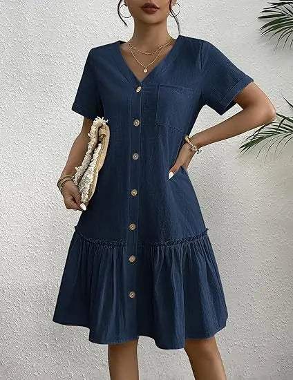 Casual Cotton Linen Summer Mini Dress For Women V-Neck Ruffles Short Sleeve Short Dress Ladies Fashion Loose Button Dresses