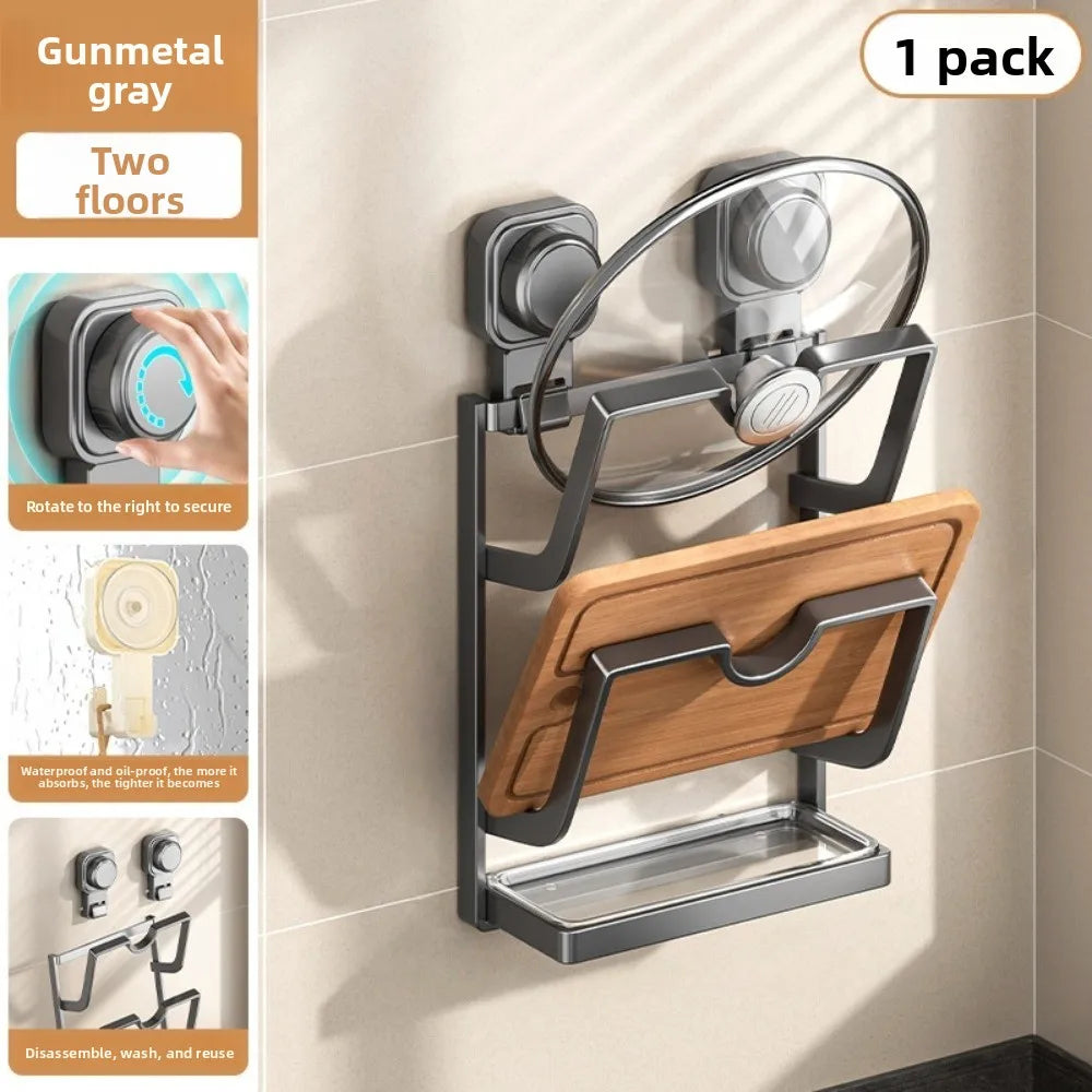 2Layers/3Layers Suction Cup Pot Lid Rack Cookware Storage Punch Free Pot Lids Holder Shelf Space Saving Wall Mounted
