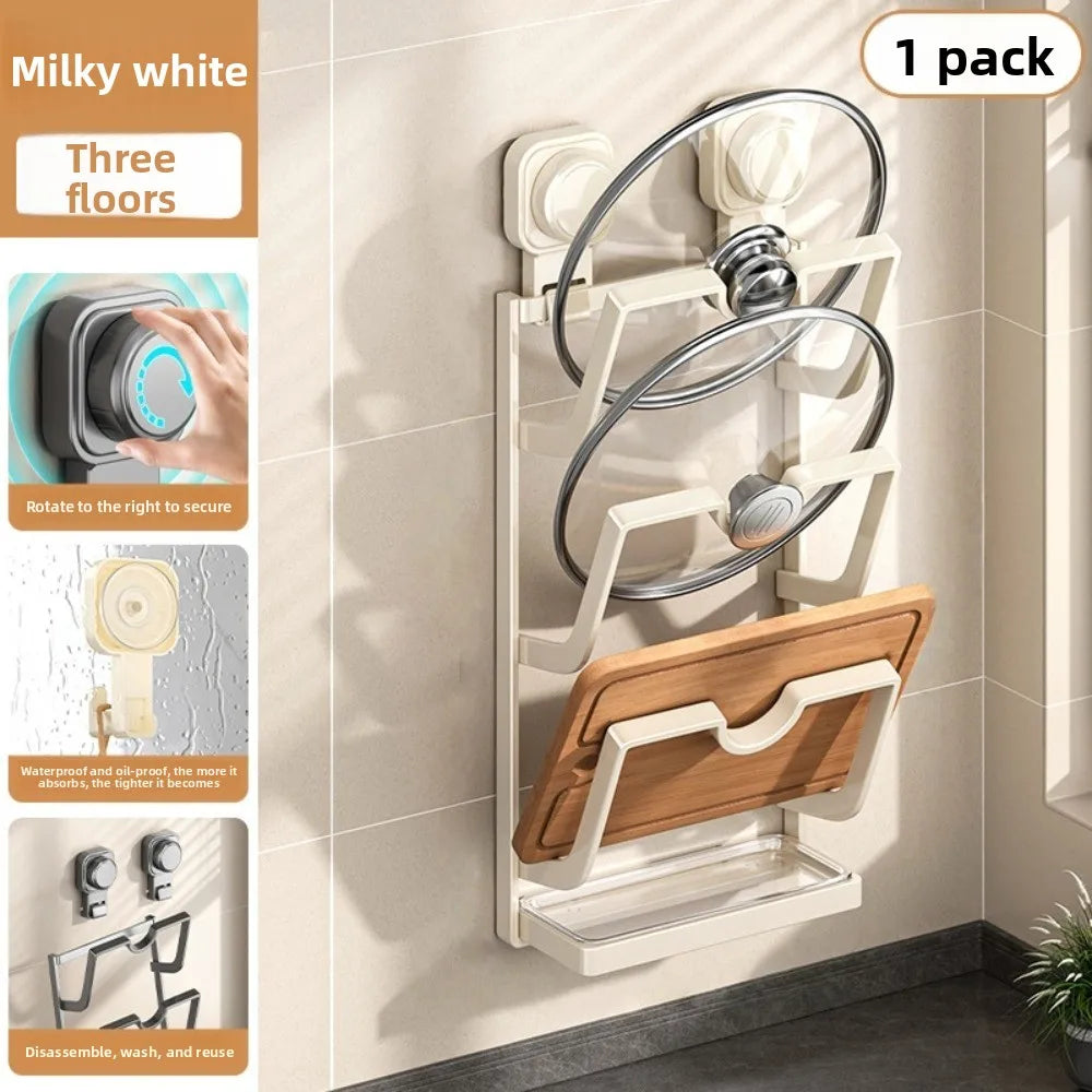 2Layers/3Layers Suction Cup Pot Lid Rack Cookware Storage Punch Free Pot Lids Holder Shelf Space Saving Wall Mounted