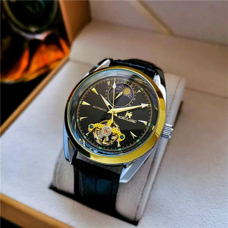 AOKULASIC Luxury Mens Automatic Mechanical Watch Moon Phase Stars Tourbillon Luminous Waterproof Fashion Wristwatch