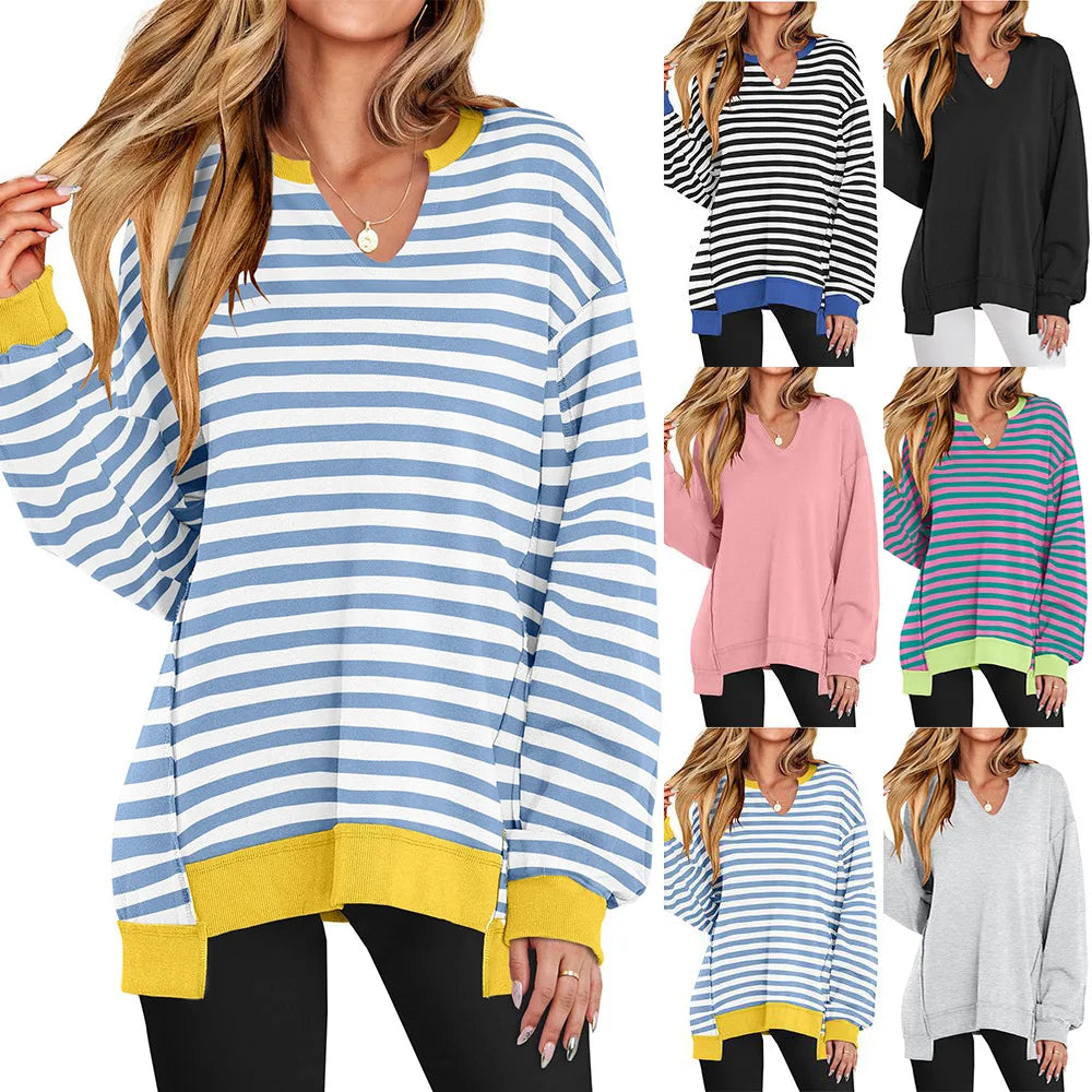 2026 Spring Sweatshirts Women Sweatshirt Tops V Neck Full Sleeve Y2k Streetwear Work Casual Loose Elegant Striped Top Autumn