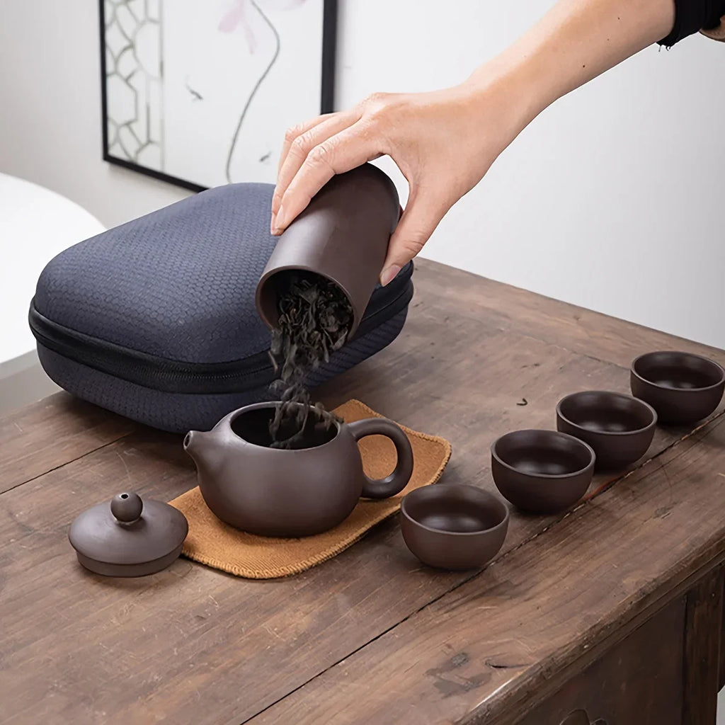 1Set-Travel Tea Set Portable Kung Fu Tea Set Ceramic Teapot Tea Canister Tea Cup Outdoor Quick Cup Tea Canister Leather Bag