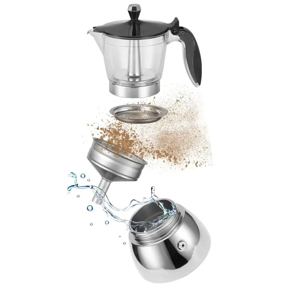 4/6 Cups Visible Moka Pot Transparent Pot Body Stainless Steel Coffee Maker Pot Universal Espresso Italian Coffee Machine