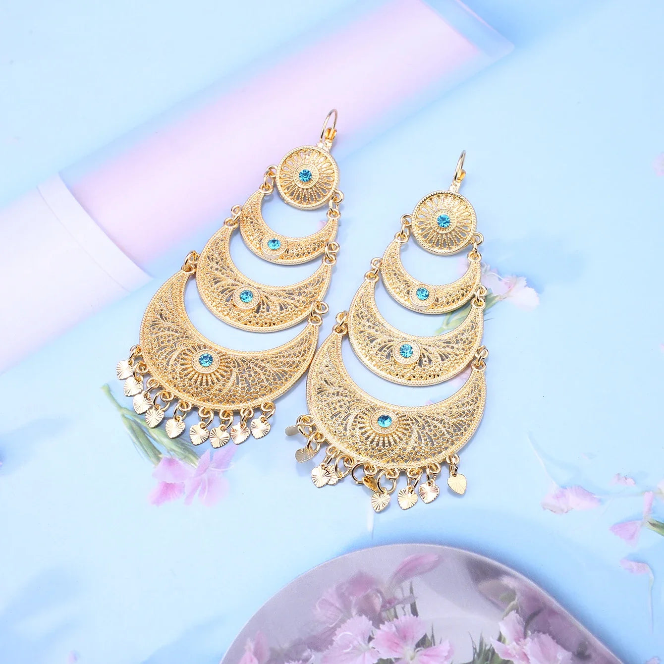 Arab Muslim Wedding Jewelry Gold Plated Pendant Earrings Crystal Moon Shape Ethiopian Turkish Bridal Gift Fashion Accessories