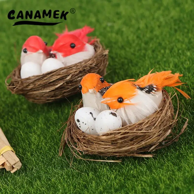 1 Set Artificial Feathered Birds & Nest & Egg Creative Craft Birds Sculpture Art Decoration Home Garden