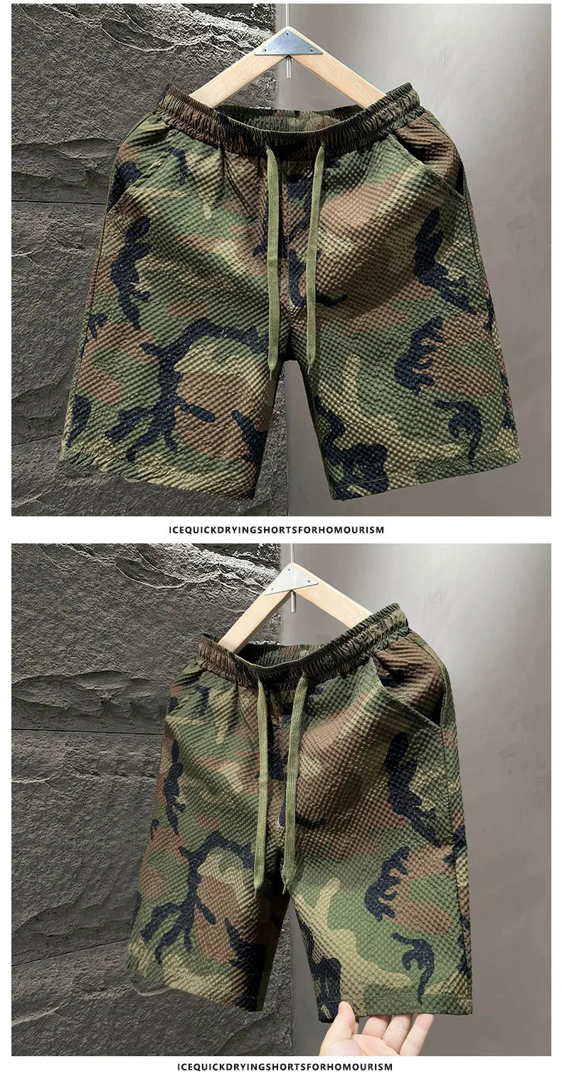 Casual Seersucker Texture Shorts Quick-Dry Breathable Straight Elastic Waist Printing Street Vacation Shorts Loose Fit Shorts