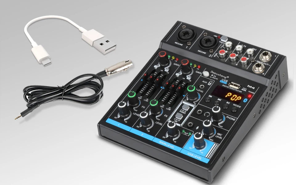 Audio Mixer Depusheng M4 4-Channels Mini Sound Mixing Console Bluetooth USB Record Computer 5V Repaeat Effect