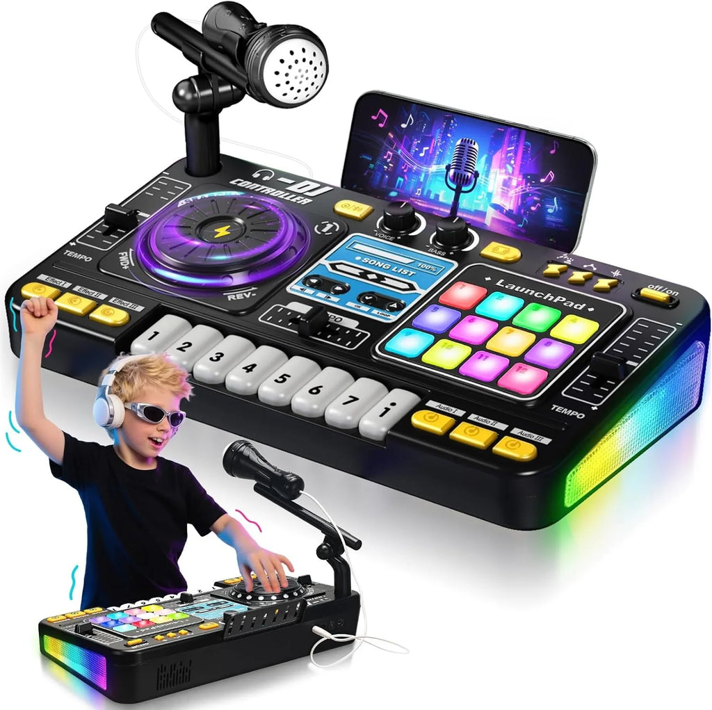 DJ Mixer for Kids, Toddler DJ Mixing Table with DJ Turntable, Game Mode, Light & Speed Control and Microphone, Gifts for 3 4 5 6