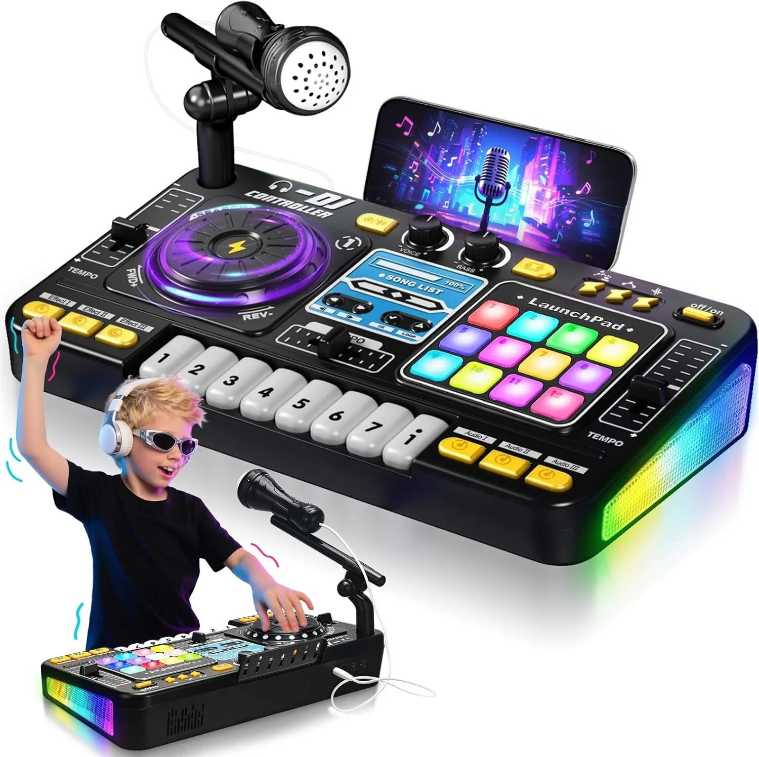 DJ Mixer for Kids, Toddler DJ Mixing Table with DJ Turntable, Game Mode, Light & Speed Control and Microphone, Gifts for 3 4 5 6