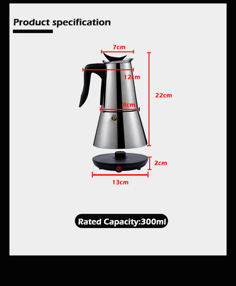 110V/220V Electric Coffee Maker 300ml 304 Stainless Steel Mocha Pot Electric Italian Coffee Maker Percolator for Home