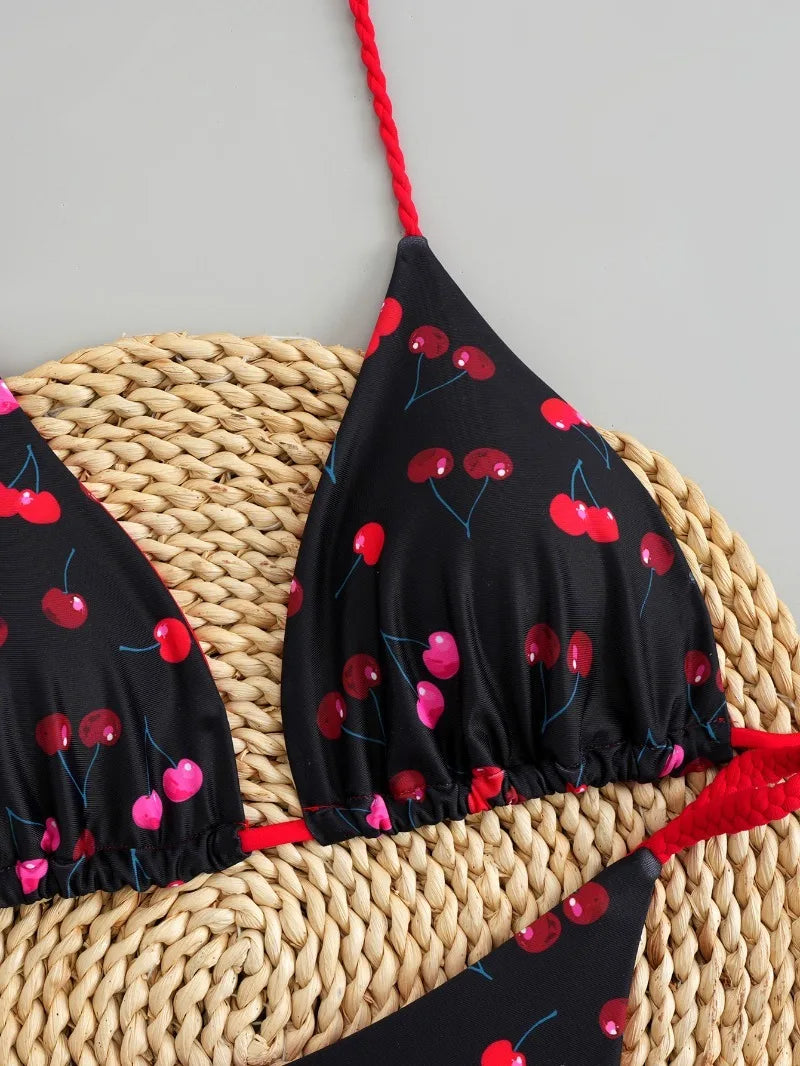 2026 New Bikinis Women Swimsuit Sexy Swimwear Halter Bikini Set Lace-up Biquine Brasileiro Thong Print Beachwear Party Wear