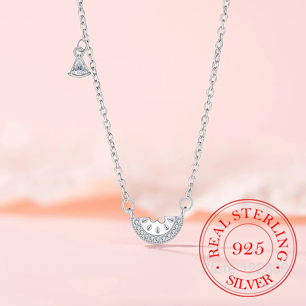 925 Sterling Silver Exquisite Summer Seaside Watermelon Pendant Necklace For Women Choker Chain Wedding Party Jewelry Gift