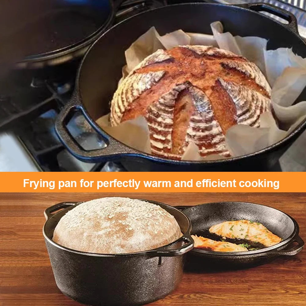 2 in 1 Cast Iron Dutch Oven with Skillet Lid Skillet Cookware Pan Set with Dual Handles for Bread Frying Baking