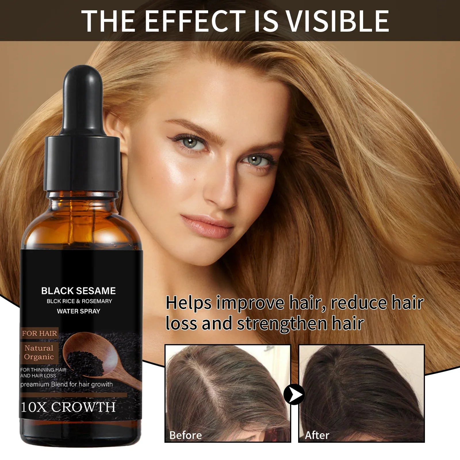 Black Sesame Hair Growth Serum with Caffeine Ginger Extract 30ml Natural Scalp Nourishment Oil for Thinning Hair Stronger Roots