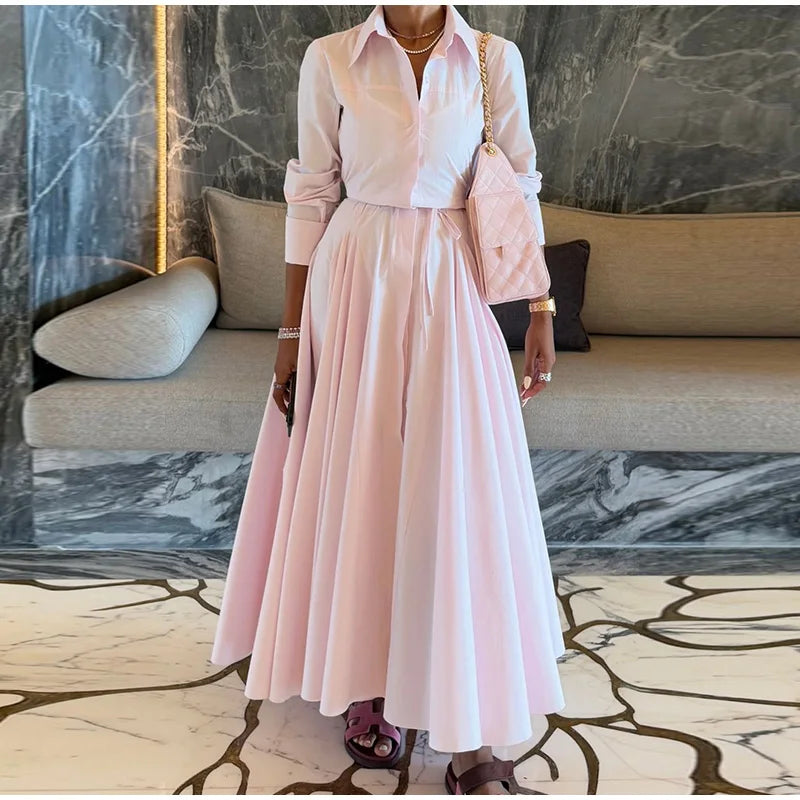 Casual Striped Women Summer Dress Lapel Single Breast Half Sleeve Slim Waist Long Dresses 2025 Autumn Lady Fashion Vacation Robe