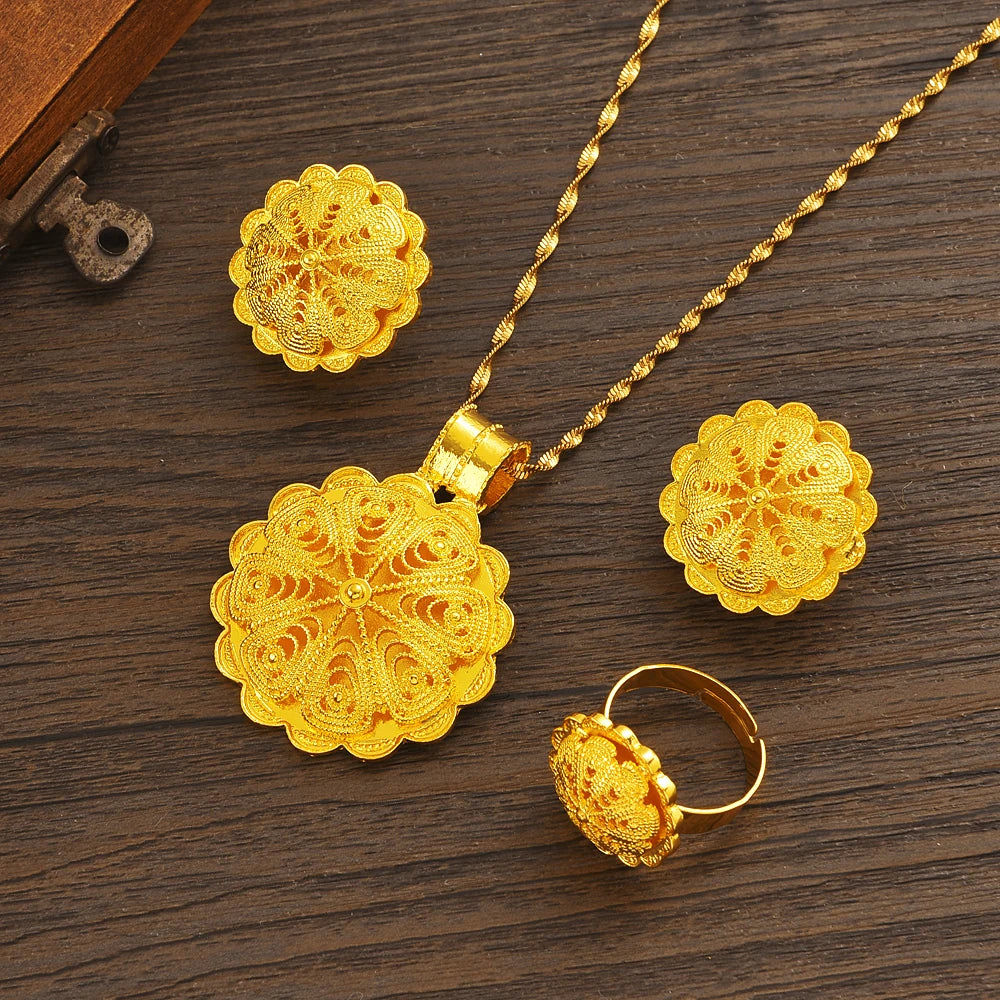 24K Gold Plated Fashion Ethiopian Big Size Earrings/Pendant/Ring Jewelry Sets Gold Plate Africa Bride Wedding Eritrea Set Gift