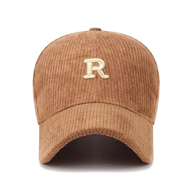 Corduroy Baseball Cap with 3D Embroidered 'R' Letter Solid Color Adjustable Structured Hat Stylish Fall and Winter Accessory