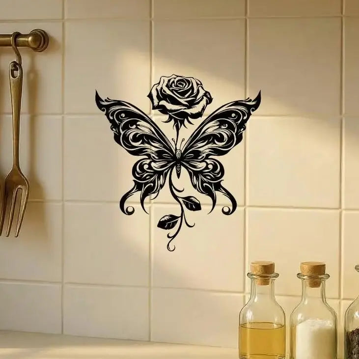 "Eternal Bloom" Metal Wall Art Black Butterfly Rose Sculpture, Minimalist Matte Iron Decor for Living Room Bedroom, Modern Home
