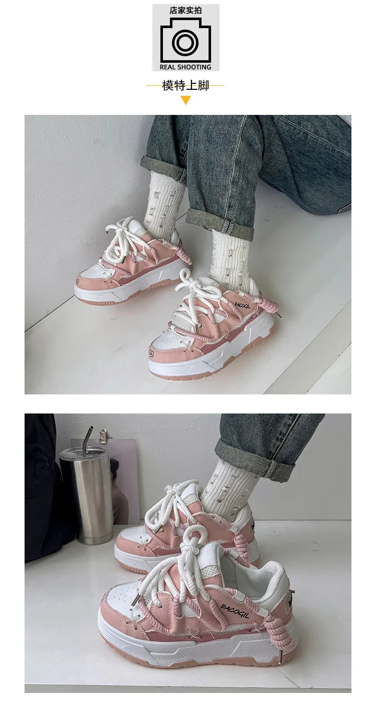 Cute Harajuku Sneakers Women's Running Shoes New Blue Thick Platform Sneakers Students Outdoor Casual Pink Vulcanized Shoes 42