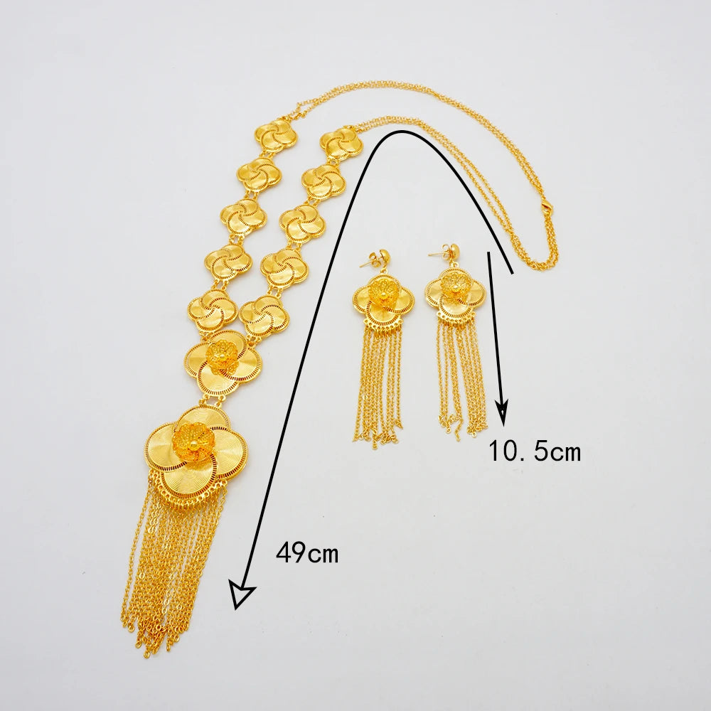 Ethiopia Africa Luxury Gold Color Jewelry Set Wedding Party Exquisite Women Wearing Earrings and Pendant Set