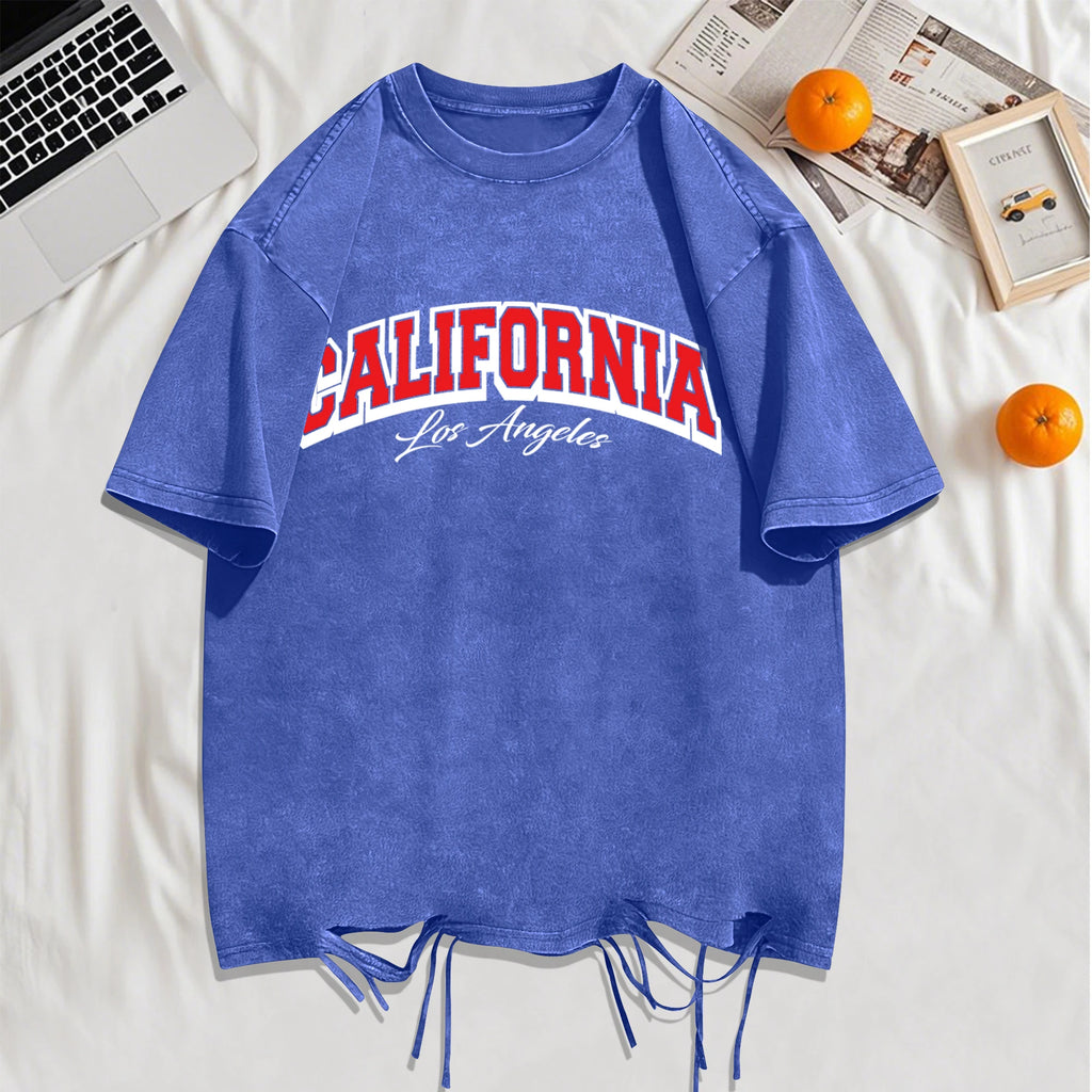 California Los Angeles City Art Letter Snow Wash Holes T-Shirt Mans Cotton Retro Tee All-Match Sportwear O-Neck Loose Clothing