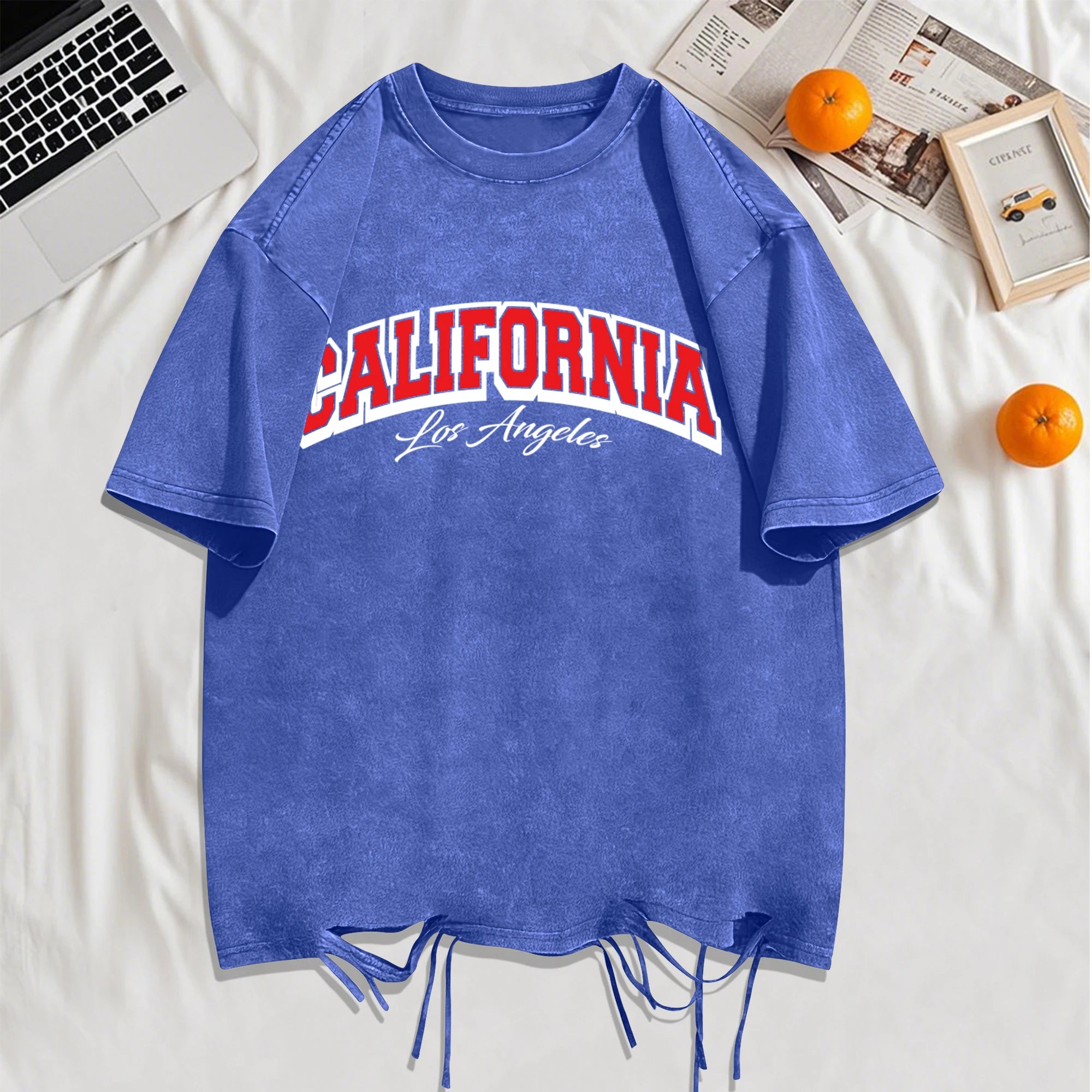 California Los Angeles City Art Letter Snow Wash Holes T-Shirt Mans Cotton Retro Tee All-Match Sportwear O-Neck Loose Clothing