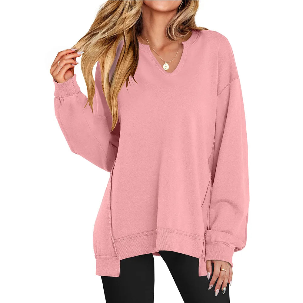 2026 Spring Sweatshirts Women Sweatshirt Tops V Neck Full Sleeve Y2k Streetwear Work Casual Loose Elegant Striped Top Autumn