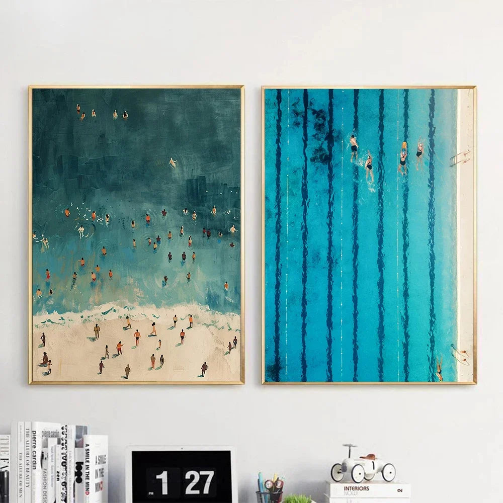 Canvas Painting Decoration Minimalist Abstract Surrealism Light Green Seawater Swimming Art Living Room Bedroom Home Decoration