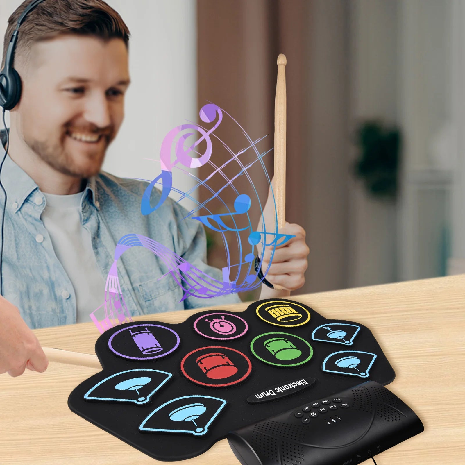 Electronic Drum Set Hand Roll Drum Percussion Instrument 9 Pads BT External Sound Drumsticks Foot Pedal MIDI Interface Speaker