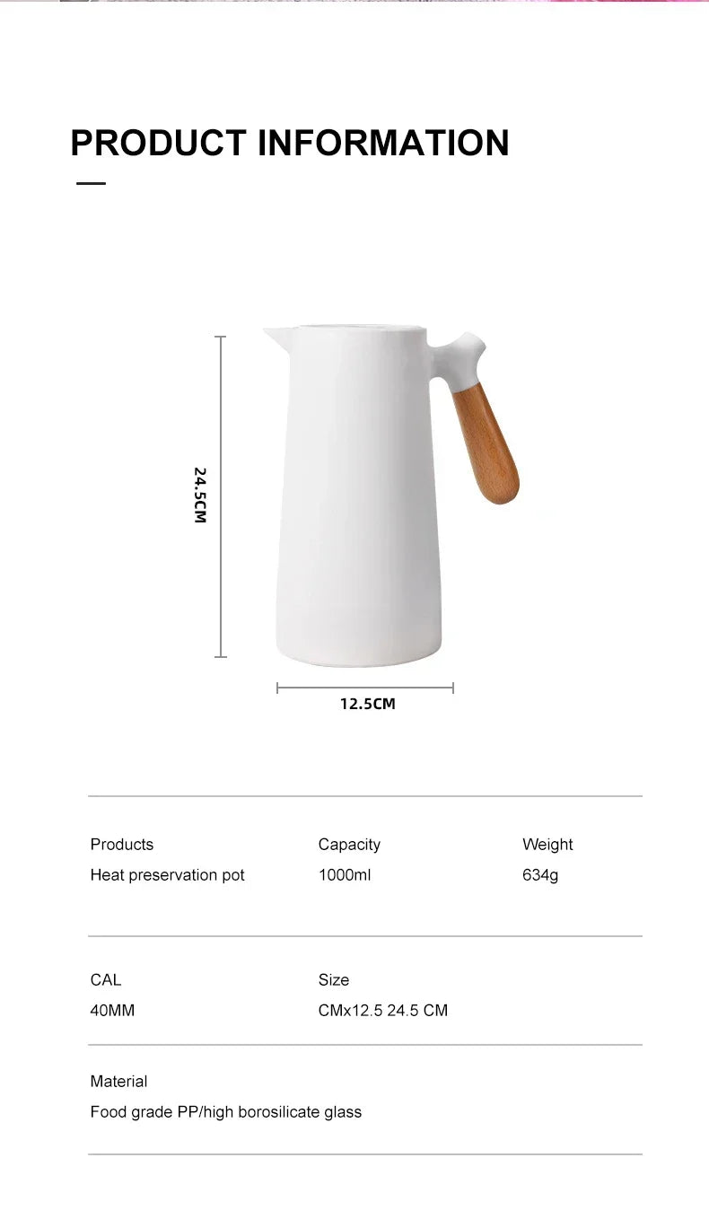 1L European Style Insulated Kettle Household Hot Water Bottle Insulated Bottle Wooden Handle Large Capacity Warm Water Kettle