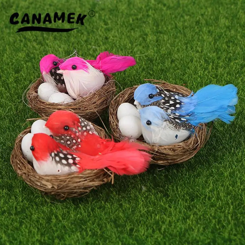 1 Set Artificial Feathered Birds & Nest & Egg Creative Craft Birds Sculpture Art Decoration Home Garden