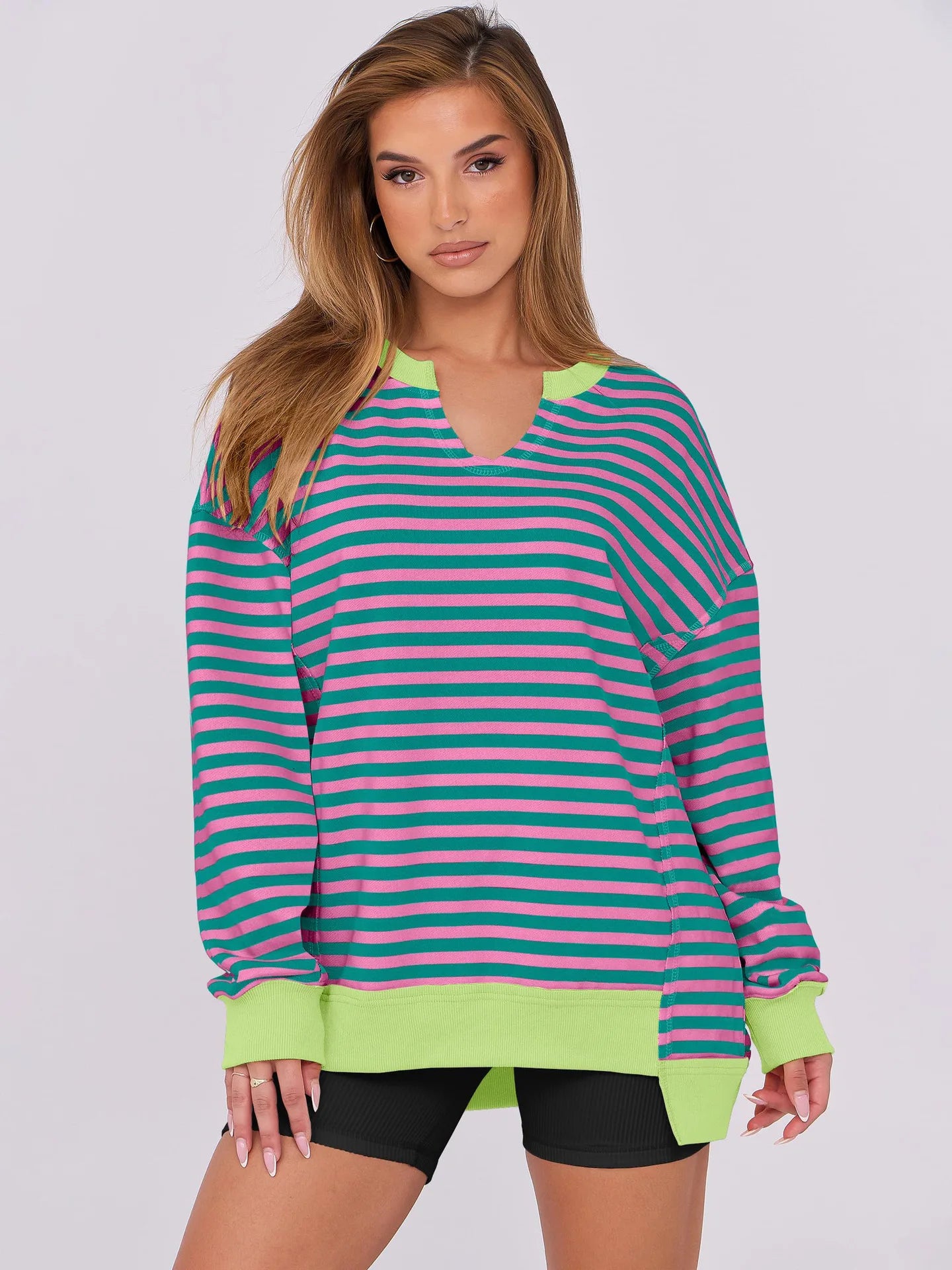 2026 Spring Sweatshirts Women Sweatshirt Tops V Neck Full Sleeve Y2k Streetwear Work Casual Loose Elegant Striped Top Autumn