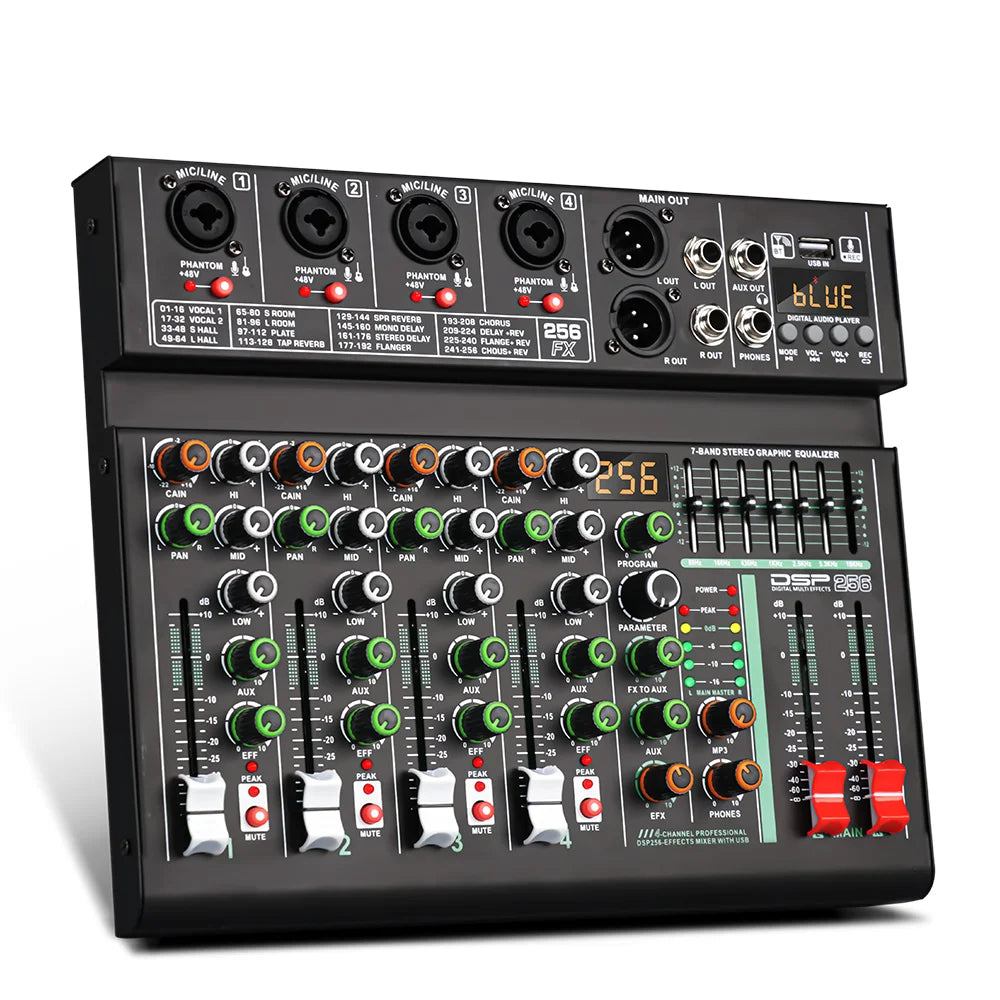 BOMGE 4/6 Channel 256DSP Audio Mixer USB Bluetooth/catu daya 48V independen/cocok untuk studio, panggung DJ, pesta