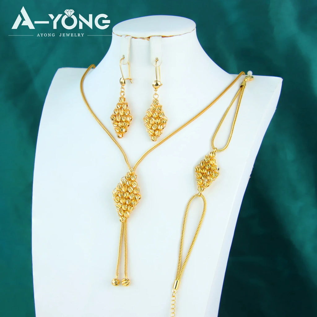 Arabic Gold Beads Jewelry Set 21k Gold Plated Dubai Women Bride Wedding Necklace Bracelet Earrings Ethiopian Fashion Jewellry
