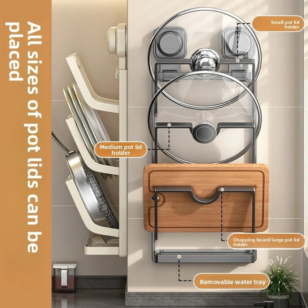 2Layers/3Layers Suction Cup Pot Lid Rack Cookware Storage Punch Free Pot Lids Holder Shelf Space Saving Wall Mounted