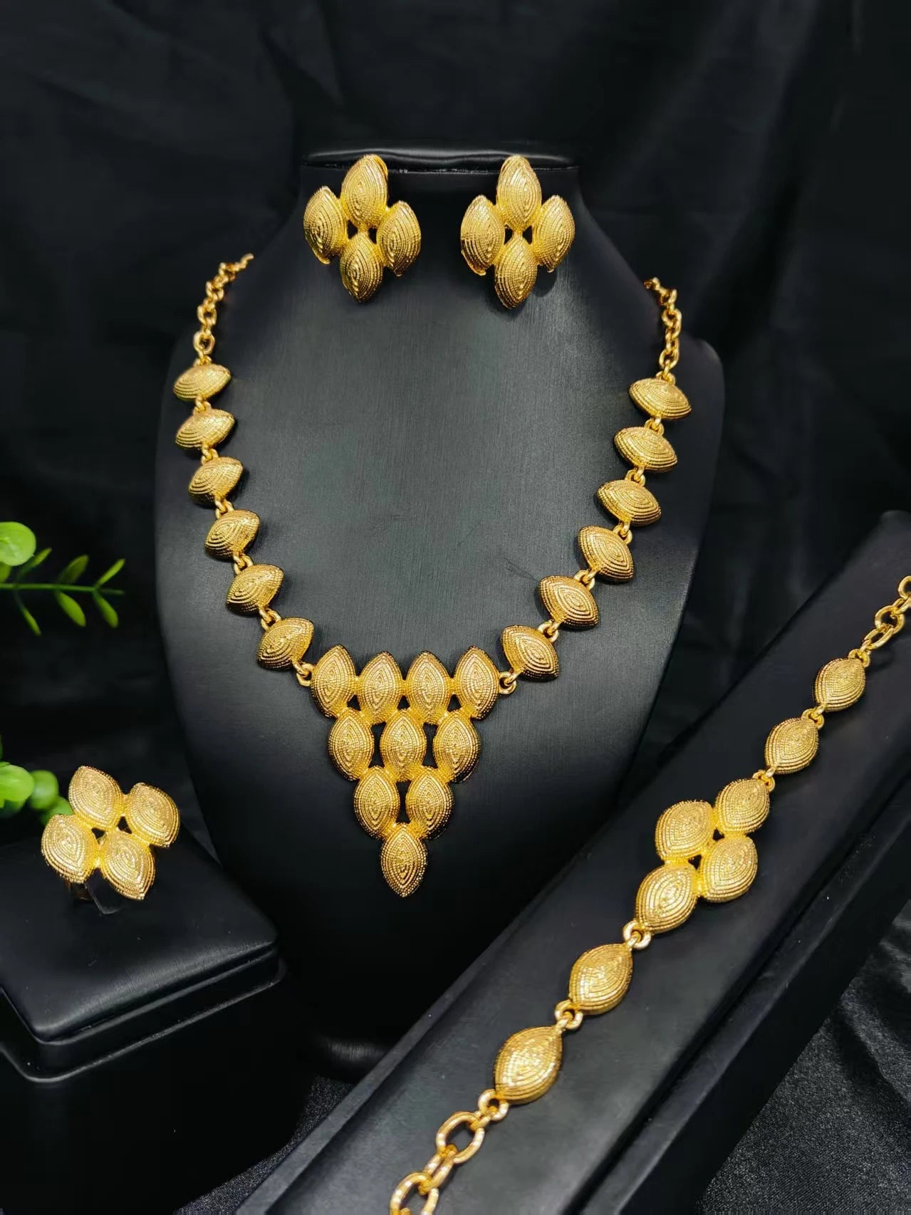 Ethiopian  Necklace Earrings Bangle Ring Jewelry Set For Women 24K Gold Plated Dubai Indian African Bridal Wedding Party Jewelle