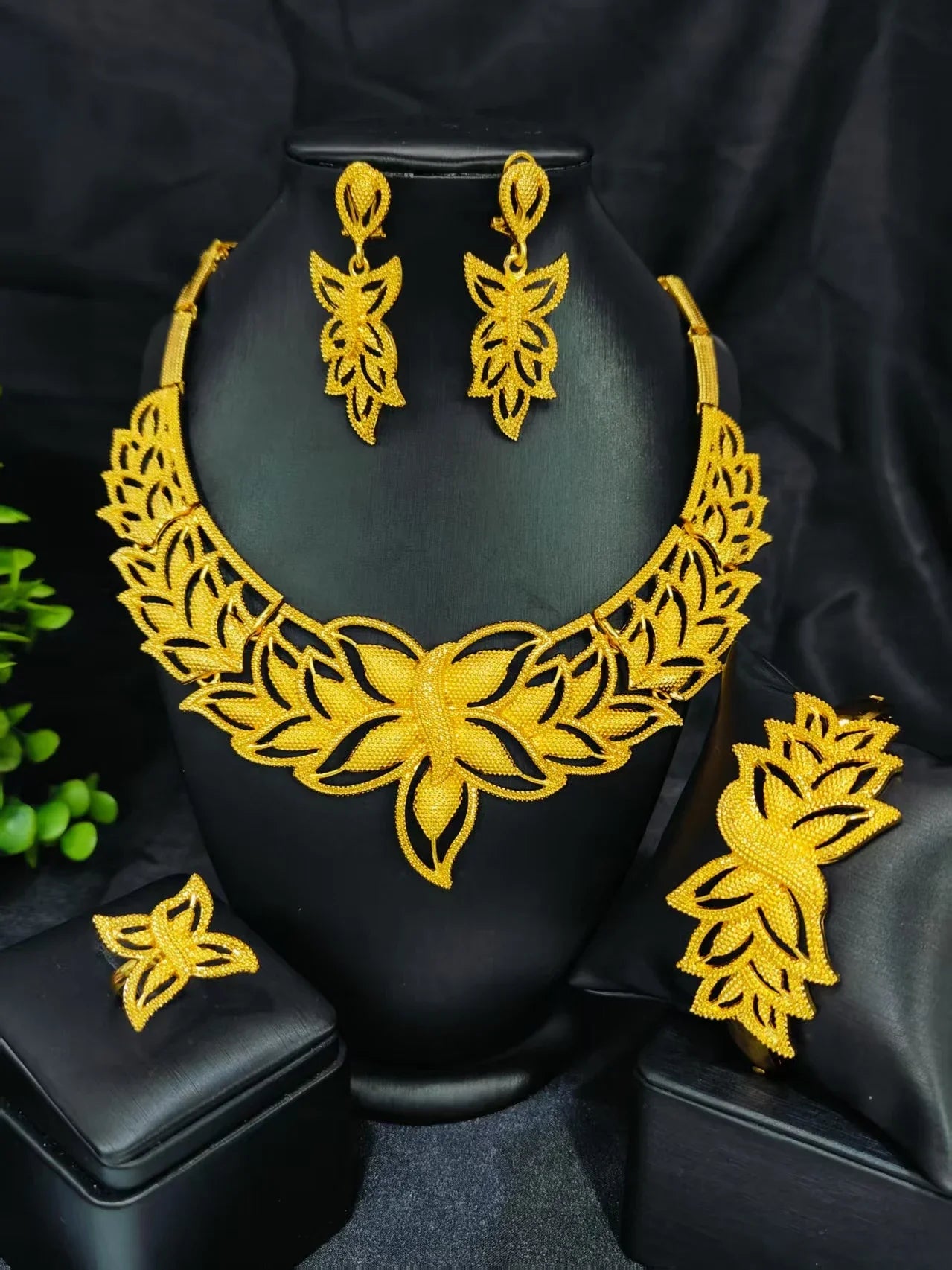 Ethiopian  Necklace Earrings Bangle Ring Jewelry Set For Women 24K Gold Plated Dubai Indian African Bridal Wedding Party Jewelle