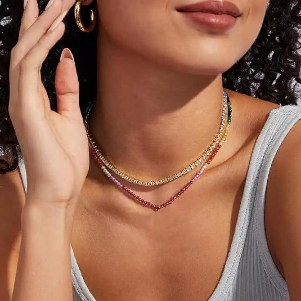 Boho Beaded Necklace for Women, 14K Gold Plated Pendant Rainbow Gemstone Choker Colorful Summer Beach Jewelry Gifts