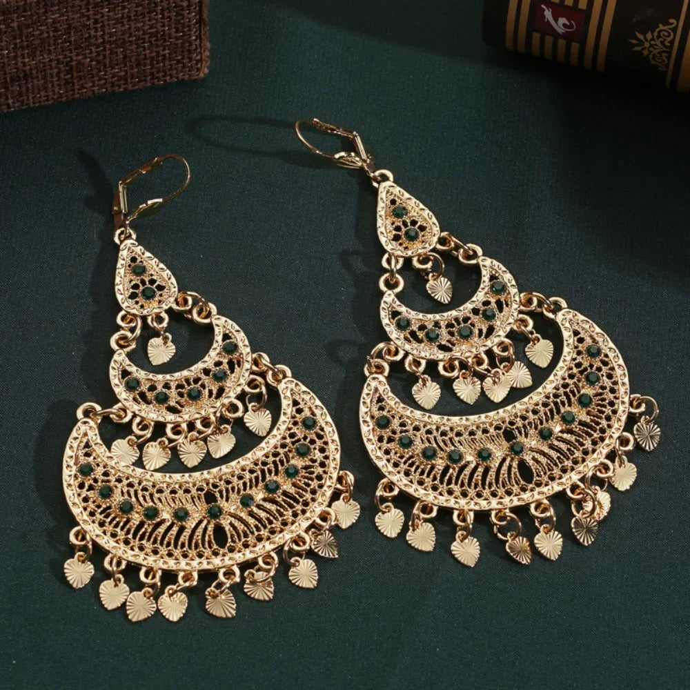 Arab Muslim Wedding Jewelry Gold Plated Pendant Earrings Crystal Moon Shape Ethiopian Turkish Bridal Gift Fashion Accessories