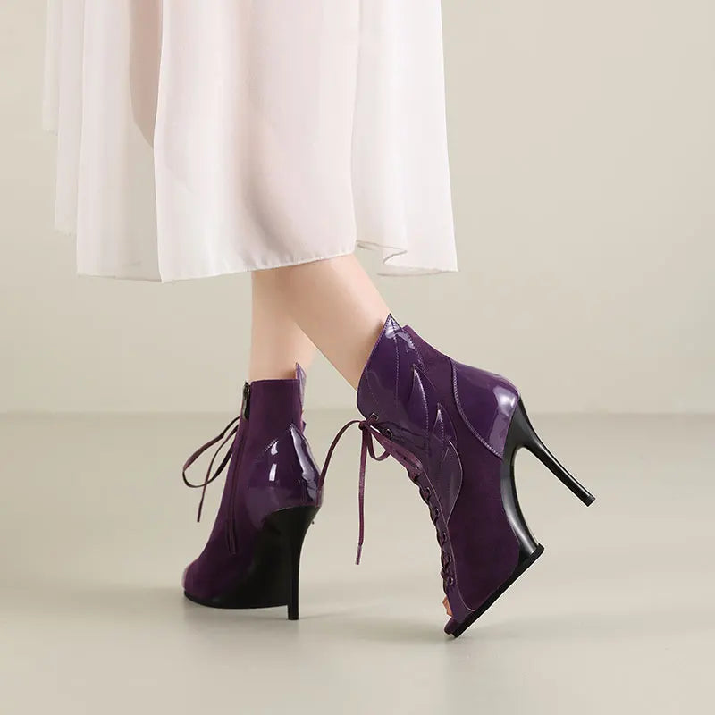 Black Summer High Heels Ankle Boots For Women 2026 Spring Peep Toe Lace Up Pumps Party Jazz Dance Shoes Suede Ladies Large Size