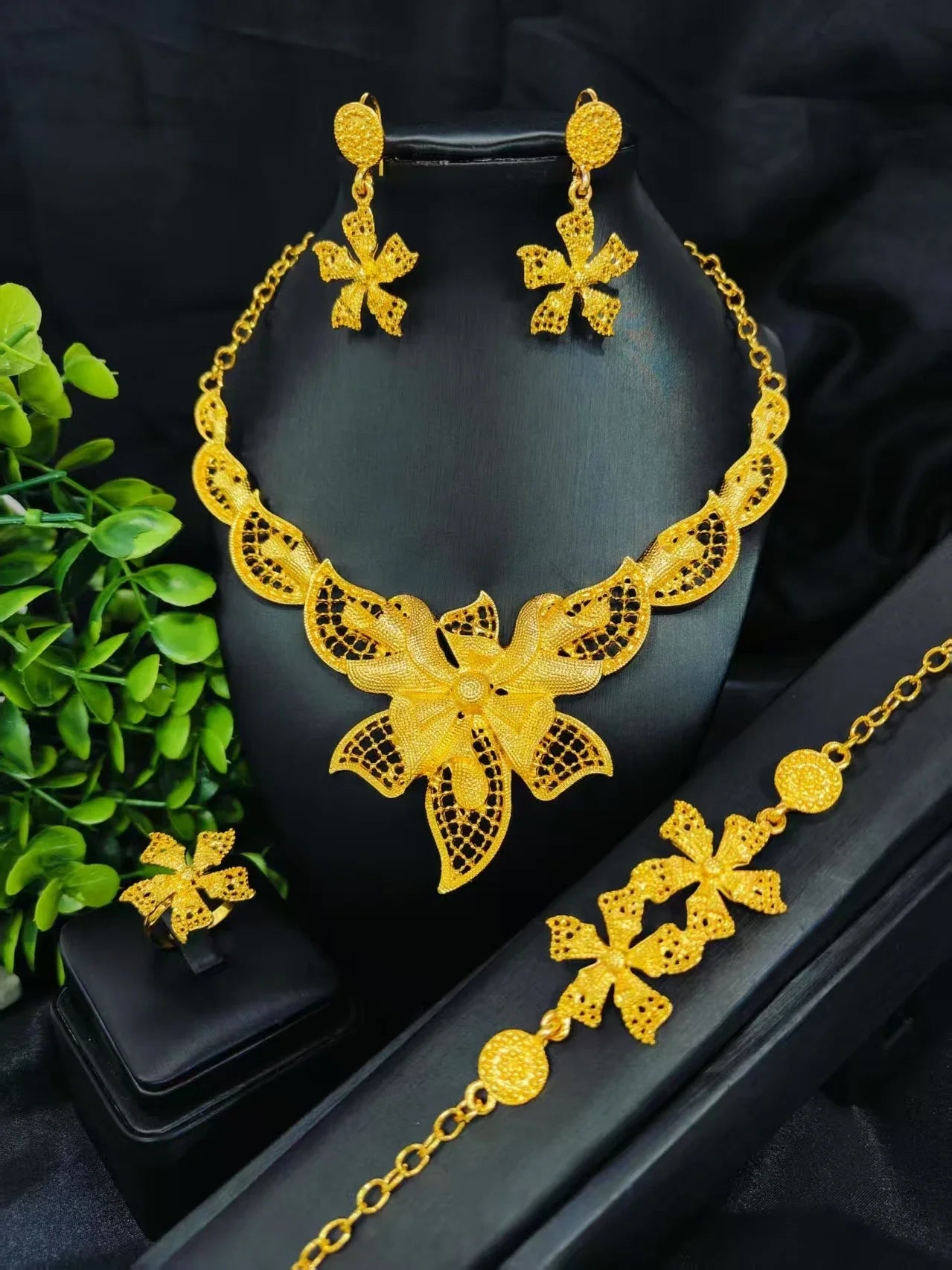 Ethiopian  Necklace Earrings Bangle Ring Jewelry Set For Women 24K Gold Plated Dubai Indian African Bridal Wedding Party Jewelle
