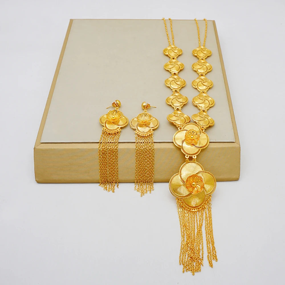 Ethiopia Africa Luxury Gold Color Jewelry Set Wedding Party Exquisite Women Wearing Earrings and Pendant Set
