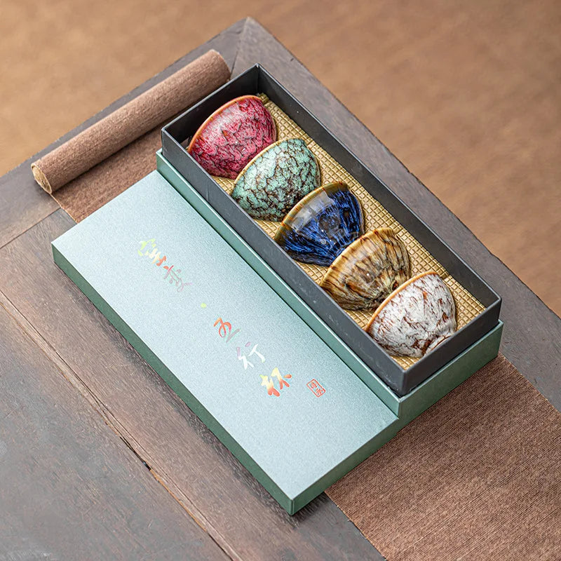 A Set of Handmade Ceramic Teacups, A Total of 5 Pieces, Traditional Kiln-changed Wuxing Kung Fu Teacup, Jianzhan Style
